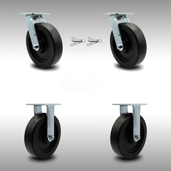 8 Inch SS Polyolefin Caster Set with Ball Bearings 2 Swivel Lock 2 Rigid SCC